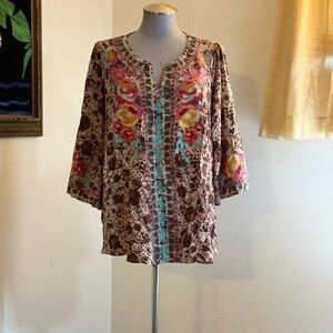 Savanna Jane Brown Floral Tunic with Pink & Teal Embroidery